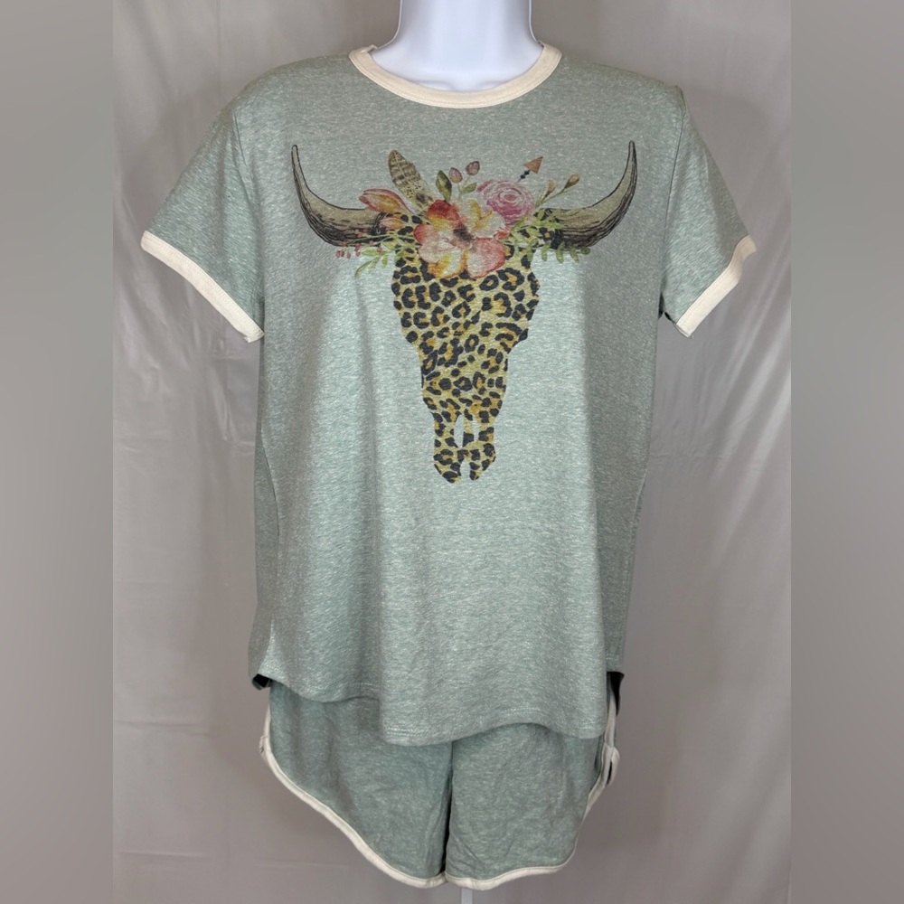 Phil Love Cow Skull Leopard Western Lounge Set Sage Green Small